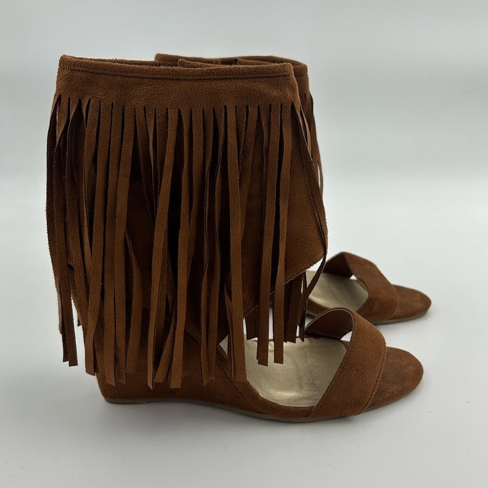 Adriana Brown Fringe Open Toe Wedges - Picture 3 of 6